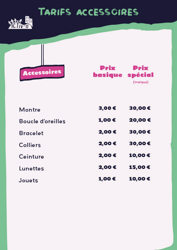 Photo tarifs des accessoires